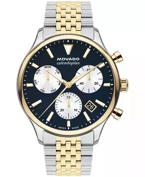 Мужские двухцветные часы Calendoplan Swiss Quartz Chrono из нержавеющей стали, 43 мм Movado, серебро