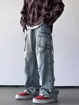 Мужские джинсы-карго Joysei, рваные детали, джинсовая ткань с карманом Manfinity, светло-голубой