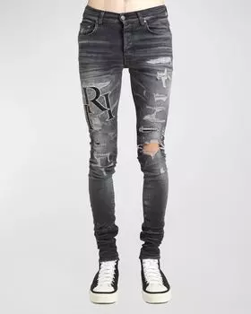 Мужские джинсы скинни с шахматным логотипом Amiri, цвет Storm Grey