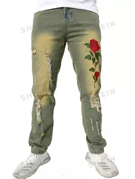 Мужские Джинсы, украшенные рваными линиями. картинки с цветочной вышивкой Romwe, мультиколор