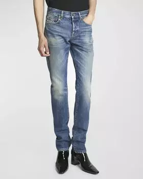 Мужские джинсы узкого кроя с потертостями Saint Laurent, цвет Spina