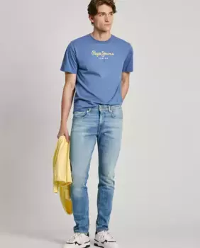Мужские джинсы зауженного кроя с рваными деталями голубого цвета Pepe Jeans