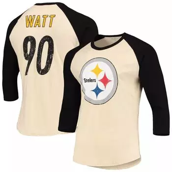 Мужские фанатики под брендом T.J. Винтажная футболка Watt Cream/Black Pittsburgh Steelers с именем и номером игрока реглан с рукавами 3/4