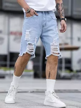 Мужские хлопковые рваные джинсы-бермуды LEGND с необработанным краем, мешковатые шорты, однотонные, светло-голубые, модные на выход Manfinity, светло-голубой