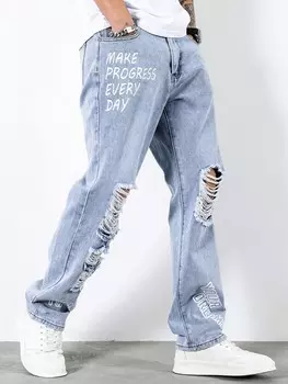 Мужские хлопковые рваные мешковатые джинсы с надписью EMRG, длинные джинсы-карго с надписью, однотонные синие для вечеринок, рок-н-ролл, рэпер Manfinity, светло-голубой