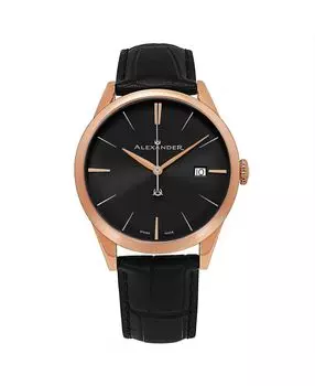 Мужские изысканные черные кожаные часы с черным циферблатом, круглые часы 40 мм Alexander