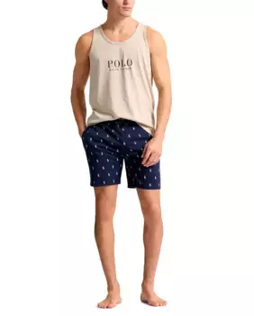 Мужские короткие хлопковые пижамные штаны с принтом Polo Ralph Lauren, тёмно-синий