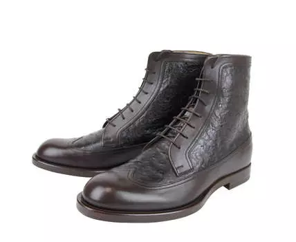 Мужские кожаные ботильоны Gucci со страусиной шнуровкой, цвет Brown Osrtich/Leather