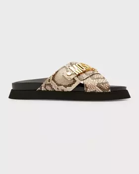 Мужские кожаные шлепанцы Crisscross со змеиным принтом Moschino