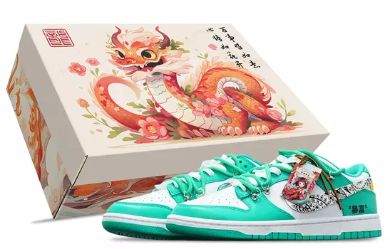 Мужские кроссовки для скейтбординга Nike Dunk, GREEN DUNK BLACK FLOWERS ON A WHITE BACKGROUND