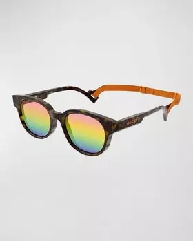 Мужские круглые солнцезащитные очки с логотипом и ремешком на шее Gucci, цвет Shiny Dark Havana