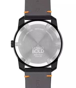 Мужские кварцевые аналоговые часы Movado Bold TR90 с оранжевыми деталями и черным кожаным ремешком, черный