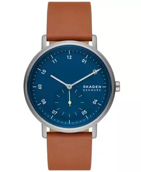 Мужские кварцевые часы Kuppel с тремя стрелками, коричневые кожаные, 44 мм Skagen