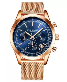 Мужские кварцевые часы с хронографом и датой, цвет розового золота, сетчатый браслет из нержавеющей стали, 44 мм Stuhrling