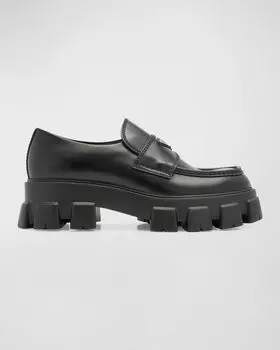 Мужские лоферы из матовой кожи с монолитной подошвой и подошвой Prada, цвет Black
