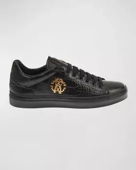 Мужские низкие кеды из кожи с тиснением под крокодила Roberto Cavalli, цвет Black