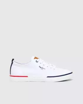 Мужские низкие темно-синие брезентовые кроссовки с боковым логотипом и резиновой подошвой Pepe Jeans, белый