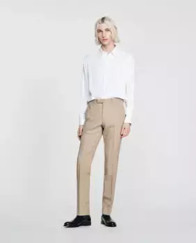 Мужские облегающие брюки бежевого шерстяного костюма Sandro, бежевый