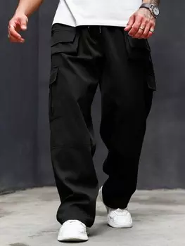 Мужские однотонные брюки-карго LEGND больших размеров с карманами и завязками, повседневный стиль, черные брюки-карго Manfinity, черный