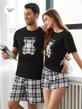 Мужские пижамы Couped Up в клетку с принтом медведя Shein, черный