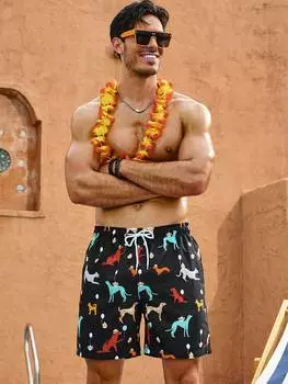 Мужские пляжные шорты Manfinity Swimmode с рисунком животных из мультфильмов, черный цвет