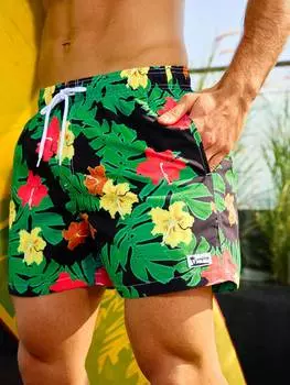 Мужские пляжные шорты Manfinity Swimmode с тропическим растительным узором и завязками на талии, плавки, оранжевый цвет