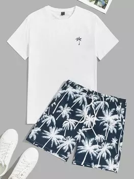 Мужские повседневные комплекты : мужская футболка с тропическим принтом и спортивные штаны Shein, синий/белый
