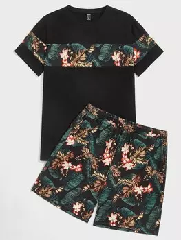Мужские повседневные комплекты : мужские футболки с тропическим принтом и шорты с эластичным поясом Shein, мультиколор