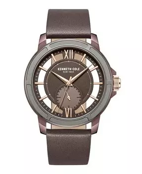 Мужские прозрачные коричневые часы из натуральной кожи 44 мм Kenneth Cole New York, коричневый