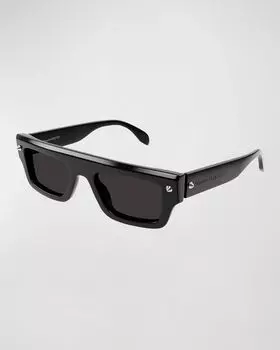 Мужские прямоугольные солнцезащитные очки из ацетата AM0427SM Alexander McQueen, цвет Shiny Solid Black With Silver Studs
