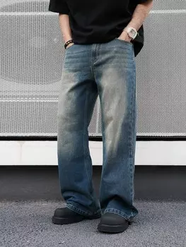 Мужские прямые джинсы Homme с кошачьими усами, мешковатые длинные потертые темные джинсы-карго, однотонные синие, выход Y2K Manfinity, синий