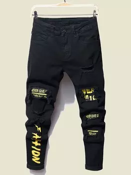 Мужские рваные Джинсы, хлопок, узор, буквы Manfinity, черный