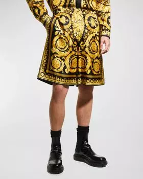 Мужские шелковые шорты в стиле барокко Versace, цвет Black/Gold