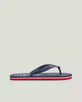 Мужские шлепанцы с ремешком на носке и крупным логотипом на стельке Pepe Jeans, темно-синий