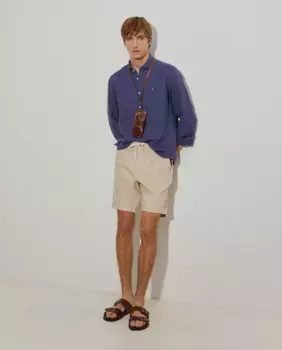 Мужские шорты-бермуды с однотонным принтом из бежевой смеси хлопка и льна Lion of Porches, бежевый