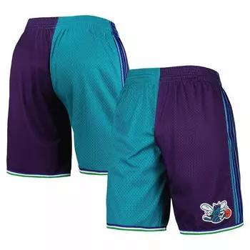 Мужские шорты Mitchell & Ness бирюзового/фиолетового цвета Charlotte Hornets Hardwood Classics 1999 с разрезом Swingman
