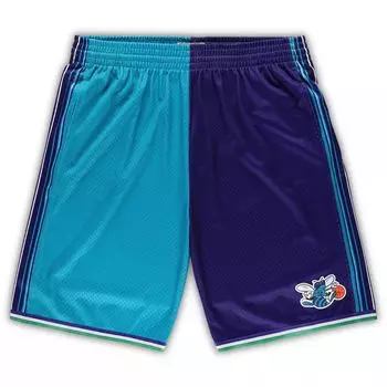 Мужские шорты Mitchell & Ness бирюзового/фиолетового цвета Charlotte Hornets Big & Tall из твердой древесины, классические шорты Swingman с разрезом