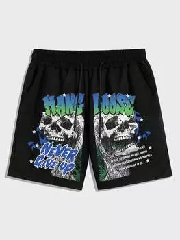 Мужские шорты ROMWE Street Life на шнурке с принтом черепа, черный цвет