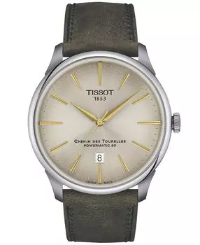 Мужские швейцарские автоматические часы Chemin des Tourelles Powermatic 80 с зеленым кожаным ремешком, 42 мм Tissot