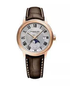 Мужские швейцарские автоматические часы Maestro с коричневым кожаным ремешком, 39,5 мм Raymond Weil