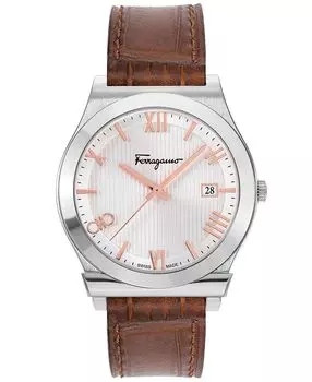 Мужские швейцарские часы Gancini с коричневым кожаным ремешком, 41 мм Salvatore Ferragamo