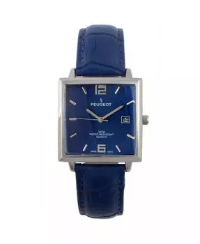 Мужские современные квадратные часы 35x35 мм в металлическом корпусе с синим кожаным ремешком Peugeot, синий
