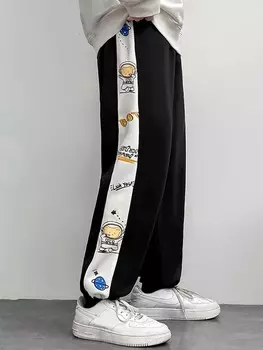 Мужские спортивные штаны Sporsity с мультяшным рисунком, свободного кроя, с контрастными боковыми швами Manfinity, черный