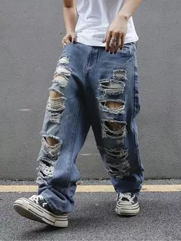 Мужские свободные широкие джинсы EMRG с рваными карманами и длинными карманами, длинные темные джинсы-карго однотонного синего цвета для выхода в свет, гранж-рэпер Manfinity, синий