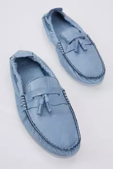 Мужские удобные лоферы из натуральной кожи с синими кисточками спереди и резинкой сзади TONNY BLACK