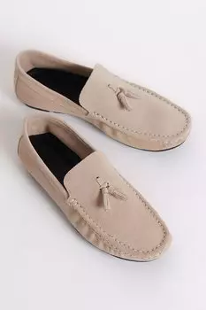 Мужские замшевые лоферы из натуральной кожи песочного цвета с кисточками спереди TONNY BLACK