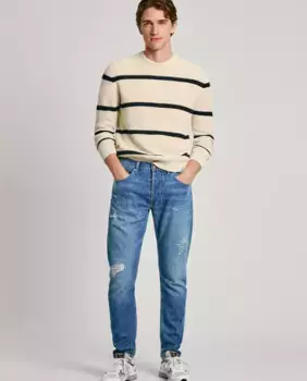 Мужские зауженные джинсы синего цвета с рваными деталями Pepe Jeans
