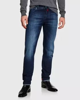Мужские зауженные джинсы средней потертости из денима Kiton, цвет Blue
