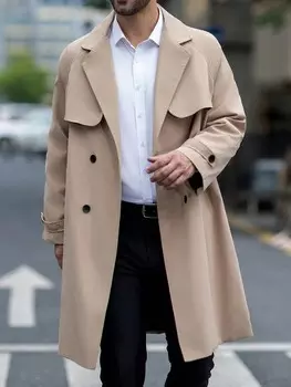 Мужское длинное пальто Homme в тон, двубортная пуговица, осенняя ткань Manfinity, хаки