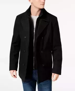 Мужское двубортное пальто из шерстяной смеси Peacoat с нагрудником Kenneth Cole, черный